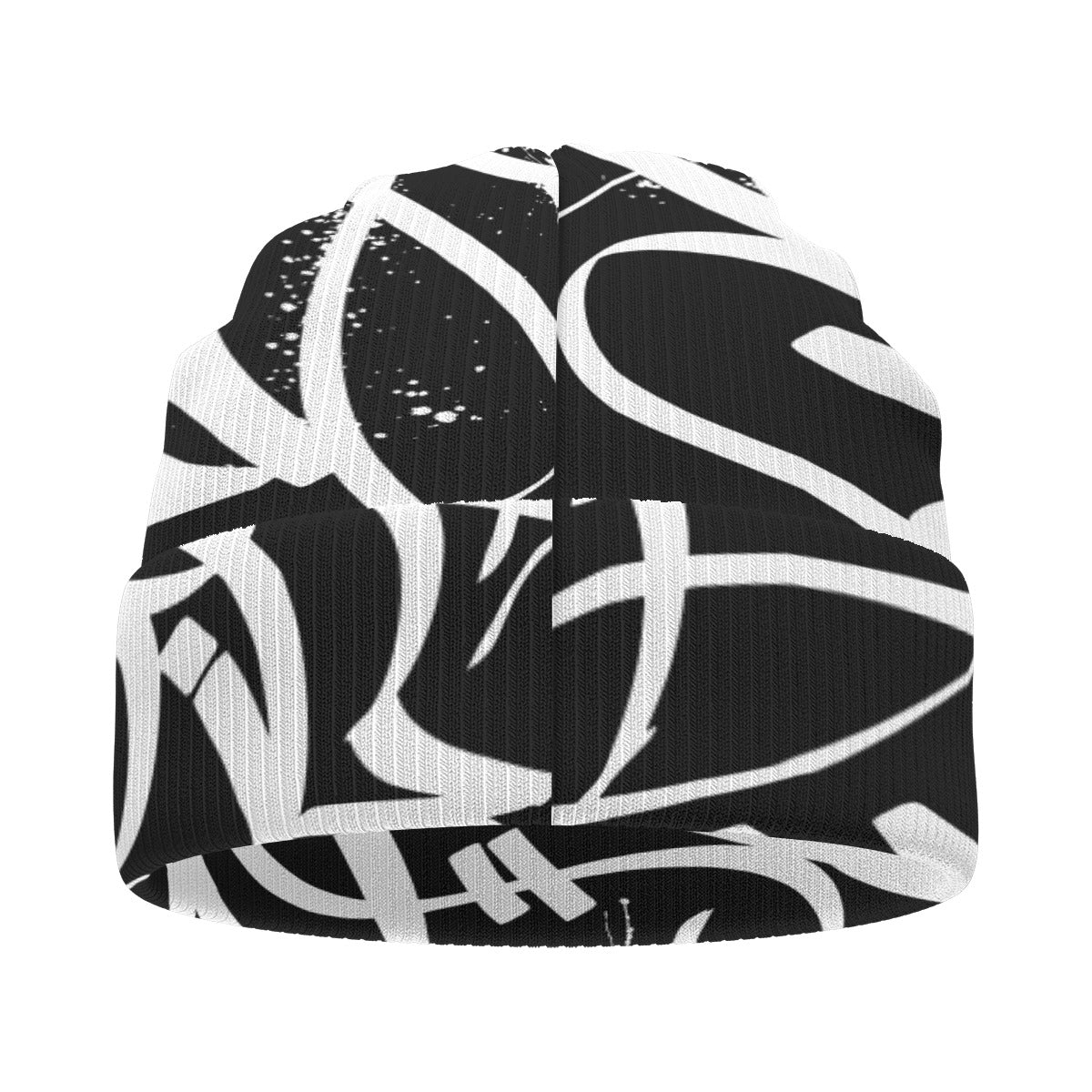 White Tags over Black Background All Over Tag Beanie