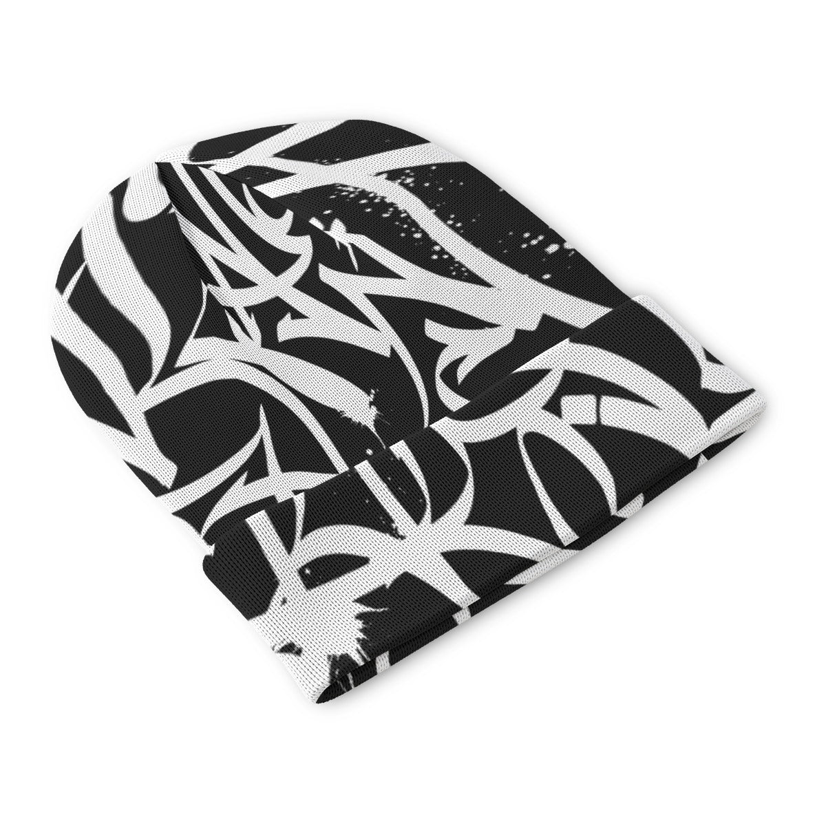 White Tags over Black Background All Over Tag Beanie