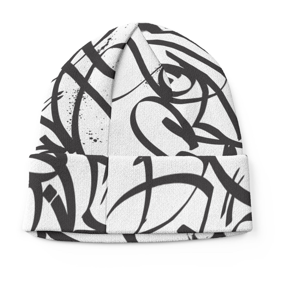Black Tags over White Background All Over Tag Knitted Hat