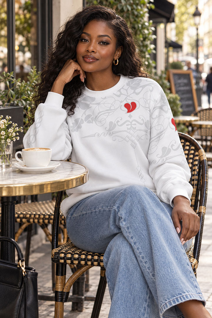 HEART DESIGN ON WHITE HEAVY FLEECE SWEATSHIRT - 001