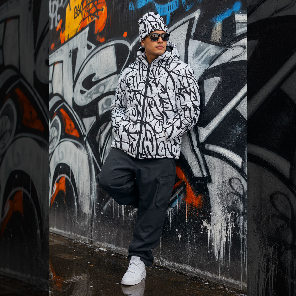 Black Tags over White Background All Over Tag Knitted Hat