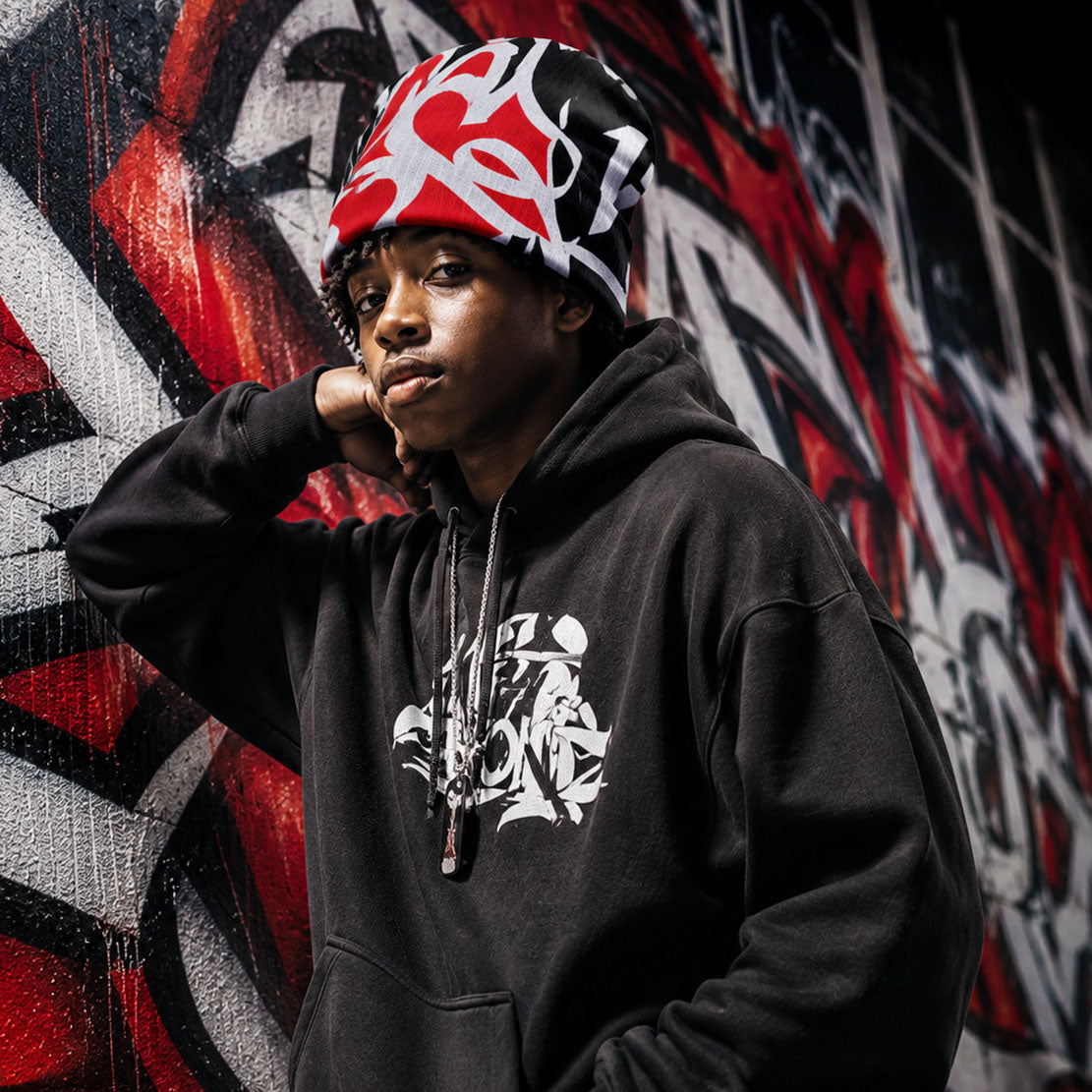 Red White Black Tag Knitted Hat